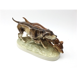  Royal Dux porcelain group of two Hunting Dog, printed marks, L37cm   