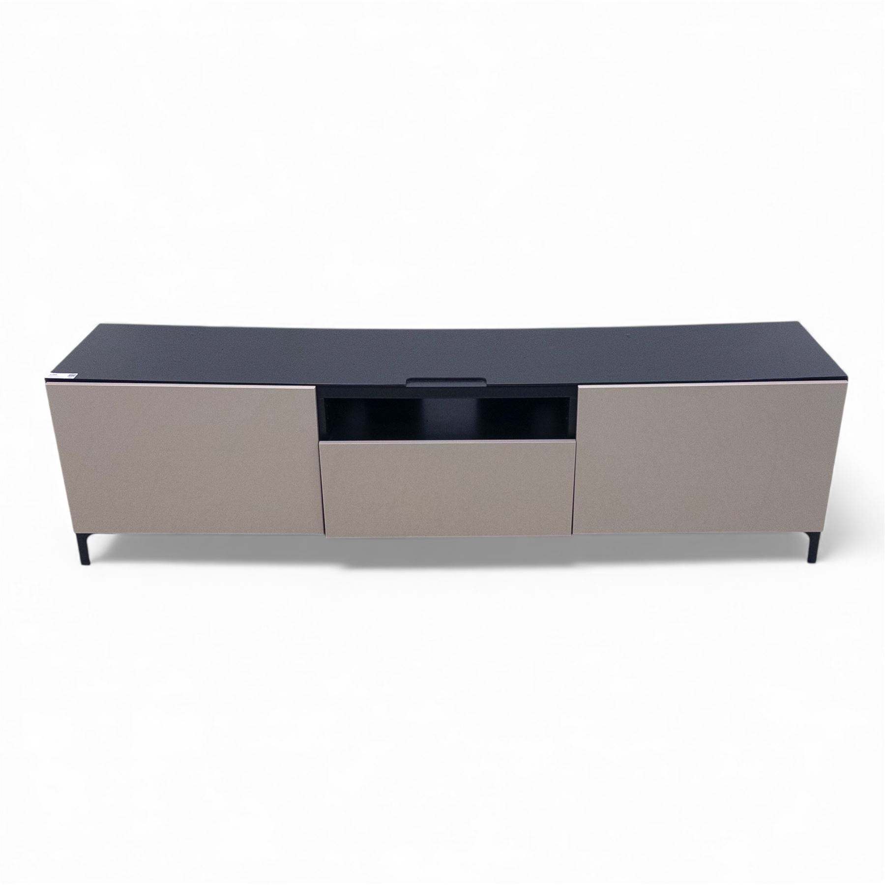 IKEA - contemporary black and beige low media unit, rectangular form with high-gloss black top and beige panelled doors, fitted with central open shelf and twin cupboards, push to open doors and drawers, raised on short bracket feet