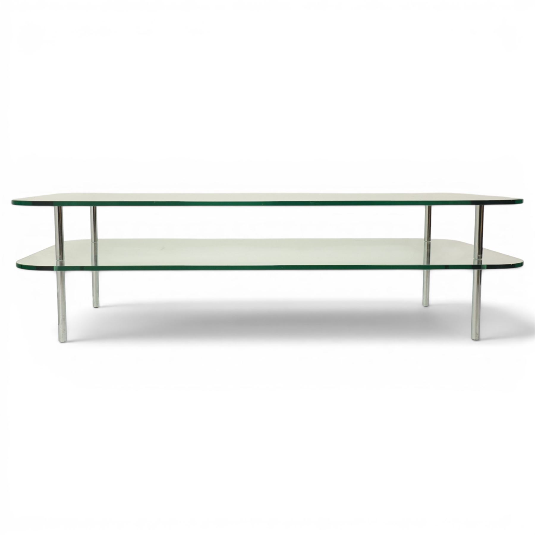 Contemporary glass coffee table with chrome supports