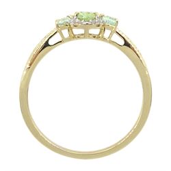 9ct gold green garnet, beryl and diamond cluster ring, hallmarked