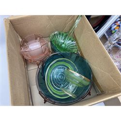 Quantity of art and murano style glass ware, to include vases, dishes, fish figures, cups, jugs etc, in two boxes