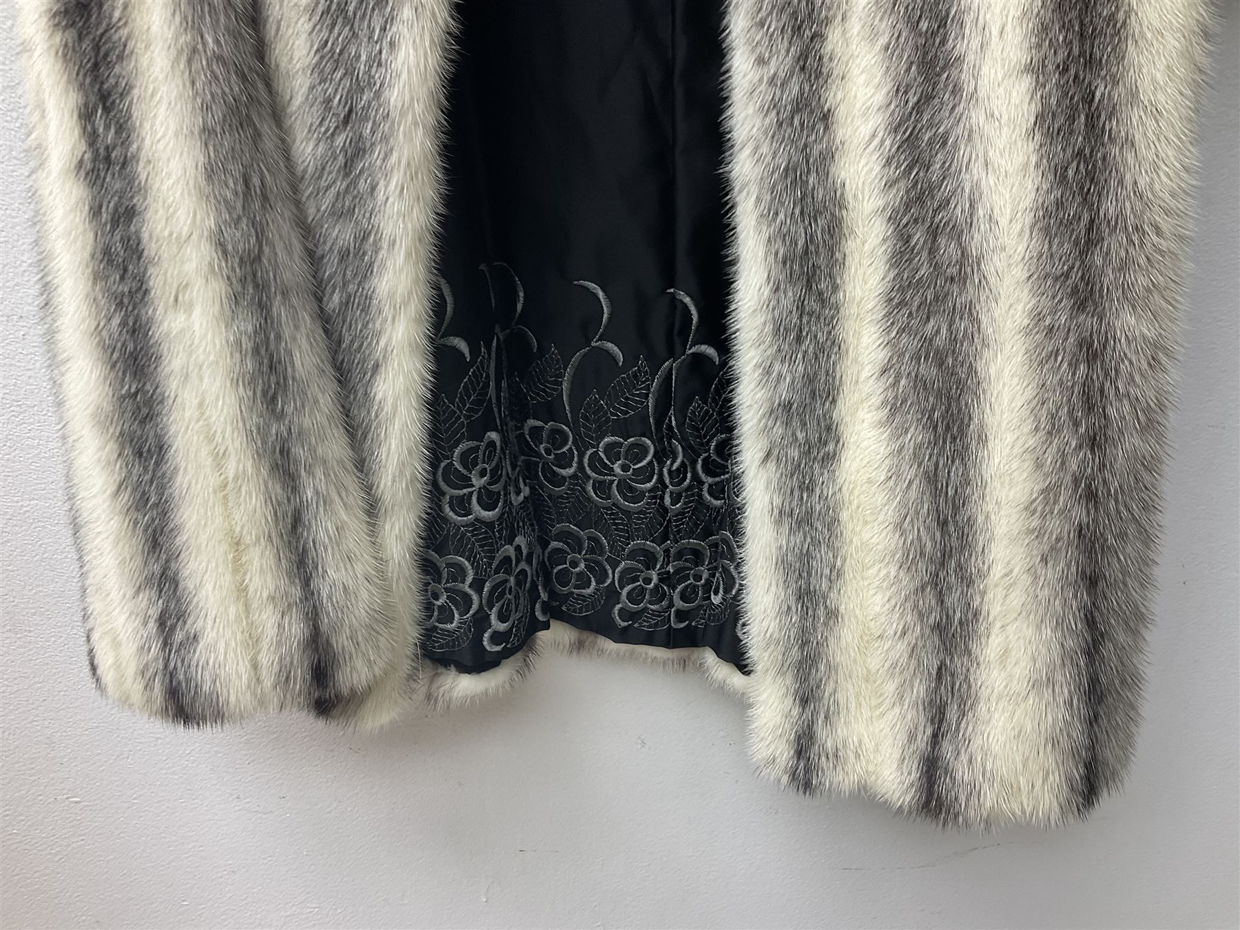 1980s Kohinoor mink 3/4 length coat, with embroidered floral lining, retailed by Ross Furriers Ltd, L112cm