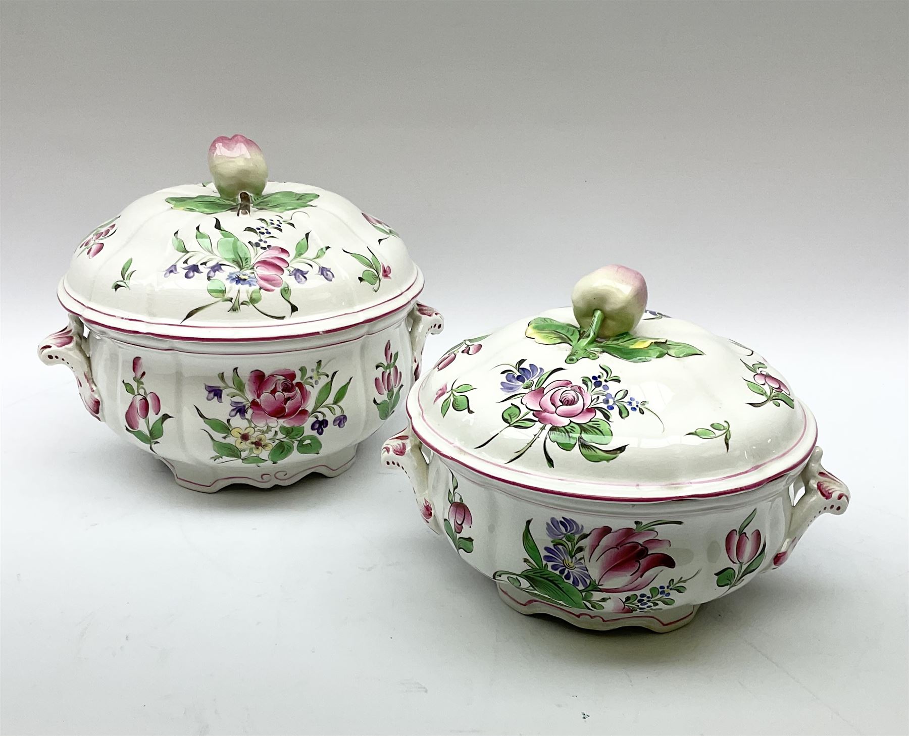 Matched Copeland Spode, Spode and French Luneville and Marlborough Sprays pattern dinner and tea wares, comprising two tureen and covers and apple finials, two sauce tureen and covers with pear finials and fixed stands, six graduated platters including two pairs, large plate, thirteen dinner plates, twelve bowls, ten smaller bowls, eight side plates, eleven smaller side plates, teapot, twin handled sucrier and cover with apple finial, open sucrier, cream jug, smaller cream jug, four breakfast cups, eight tea cups, four large saucers, eleven smaller saucers, and nine further smaller saucers. 