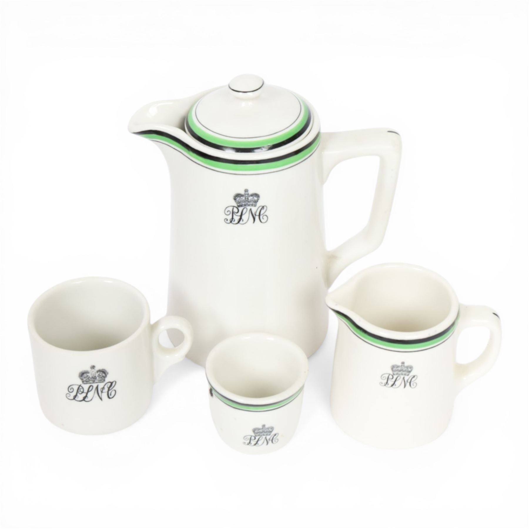 Pacific Steam Navigation Company tableware, comprising hot water pot, milk jug, egg cup and coffee cup, white with navy blue crest by Grindley Hotel Ware, pepper mill and four EPNS teaspoons with enamel decoration