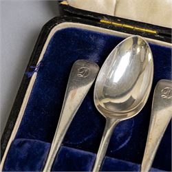 Set of six 1920s silver teaspoons with engraved initials, together with two sets of silver handled tea and fruit knives, all hallmarked and all within fitted cases