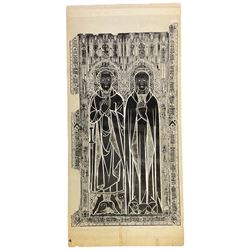 Collection large Brass Rubbings to include: 'Sir Robert de Bures (c.1331)', Knight 'Robert Ingylton' with Three Wives, 'Sir John d'Aubernoun II', 'Sir William Fitzralph (c.1323)', 'Sir John de Creke and Wife Alyne (c.1325)', 'Sir Thomas Swynborne and Father Sir Robert' and others max 280cm x 102cm (13) (unframed)