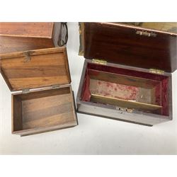 Three mahogany boxes, one with recessed brass carry handle to cover, together with a magazine rack, and three trays, including two circular examples, in two boxes 