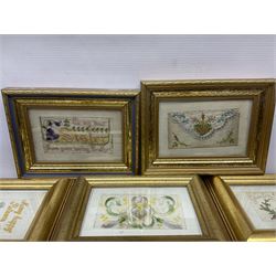 Collection of twenty eight, mostly WWI period embroidered silk greetings cards and postcards, including 'A kiss from France', good luck, sweetheart and Christmas examples, all within modern gilt frames