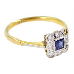 Early 20th century square cut sapphire and old cut diamond cluster ring, stamped 18ct