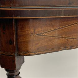 Georgian mahogany tea table, rounded rectangular fold over top with fan inlay, frieze inlaid with geometric lozenges, turned supports, W92cm, H72cm, D44cm
