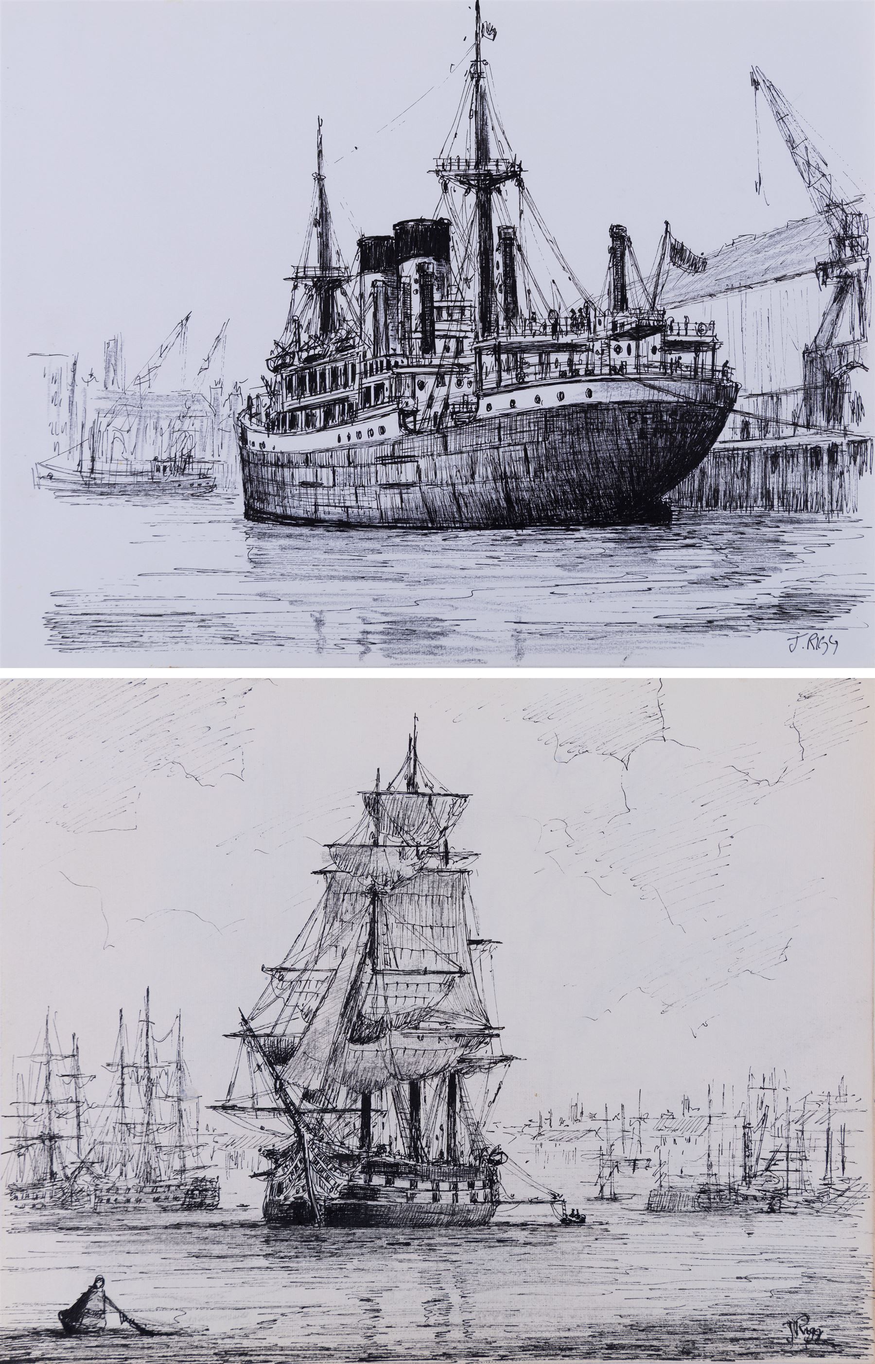 Jack Rigg (British 1927-2023): Boat Sketches, two pen and inks signed, one with further sketches verso, 21cm x 28cm (2) (unframed)