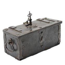 Miniature 17th Century Nuremberg iron table top strongbox, of rectangular form, the hinged lid carrying internal lock mechanism, operated by a key with hinged quatrefoil cover externally, twin carrying handles on each side, with key, W20cm H9cm D9cm