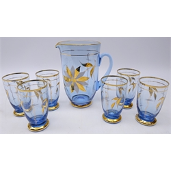  Vintage blue glass jug and glass set (7)   