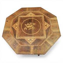 Mid-20th century Italian marquetry inlaid walnut centre table, octagonal top decorated with radiating panels and central foliate roundel, crossbanded borders with line inlay, raised on turned column and tripod base