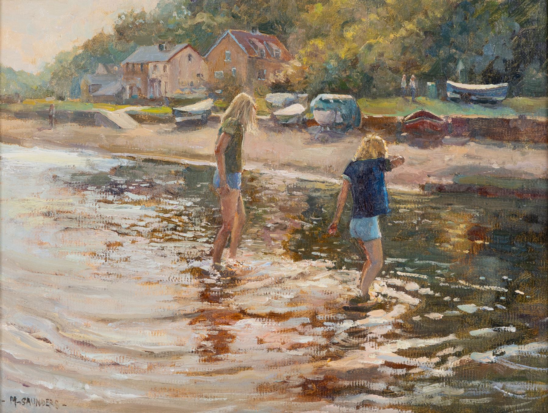 Michelle Saunders (British 1936-): Paddling in the Sunshine, oil on canvas signed 26cm x 34cm 