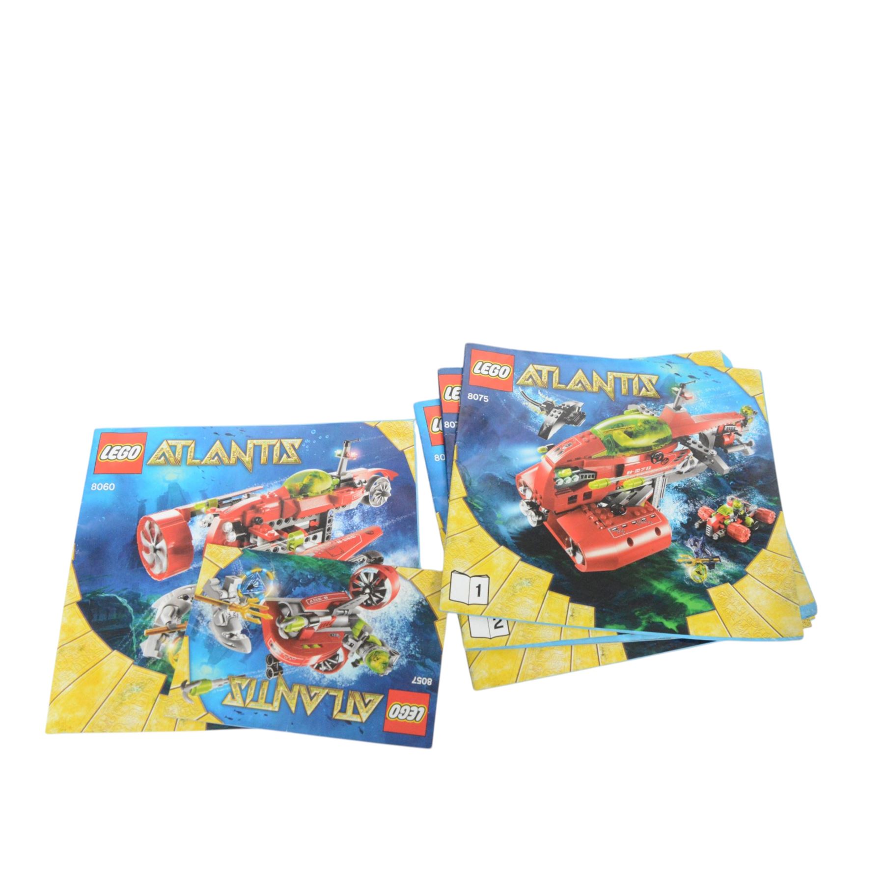 Lego Atlantis no. 8078, built with box and instructions, together with other Lego Atlantis sets including 8057, 8075, 8060, 8059 with minifigures and instructions