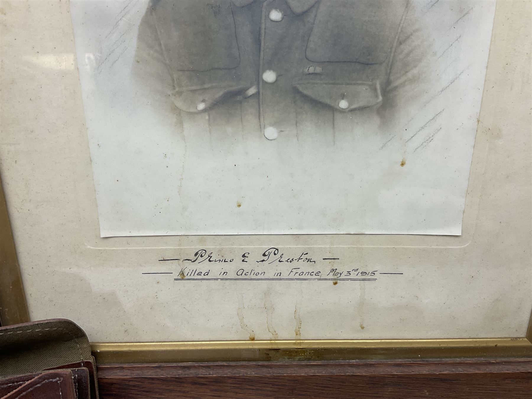 Framed picture of gentleman in military dress, 'killed in action in France' May 3rd 1915, two antique spirit levels, coins in a leather case and other collectables