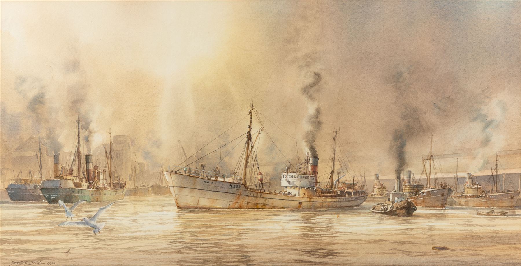 David C Bell (British 1950-): Hull Trawler Junella H.399, watercolour signed and dated 1996, 34cm x 67cm