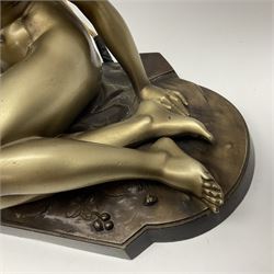 Art Deco style bronzed and gilded spelter figural table lamp with green Uranium glass shade; H48cm, another table lamp; and a bisque group