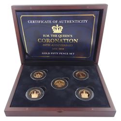 Queen Elizabeth II 2018 'H.M. The Queen's Coronation 65th Anniversary' comprising five 22ct gold proof fifty pence coins, cased with certificate