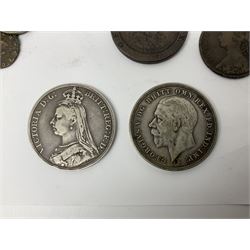 Queen Victoria 1889 crown coin, King George V 1935 crown, Queen Elizabeth II 1977 silver proof crown, small number of Great British pre 1947 silver coins, other pre-decimal coinage, World stamps including Argentina, Australia, Belgium, Canada, France, Germany etc 