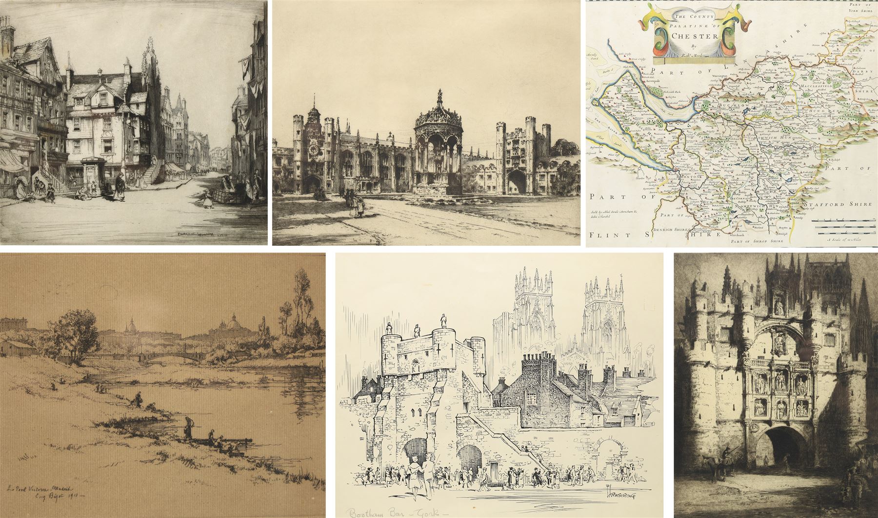 After Robert Morden (British 1650-1703): 'The County Palatine of Chester', hand coloured etching; together with a collection of architectural etchings and ink drawings, variously signed max 38cm x 47cm (6)