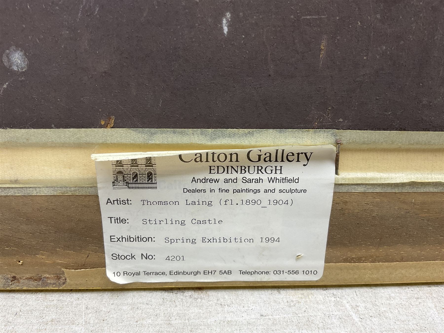 Tomson Laing (Scottish fl.1890-1904): Stirling Castle, oil on artist's board signed 25cm x 39cm
Provenance: with Calton Gallery, Roal Terrace, Edinburgh Spring Exhibition 1994, label verso