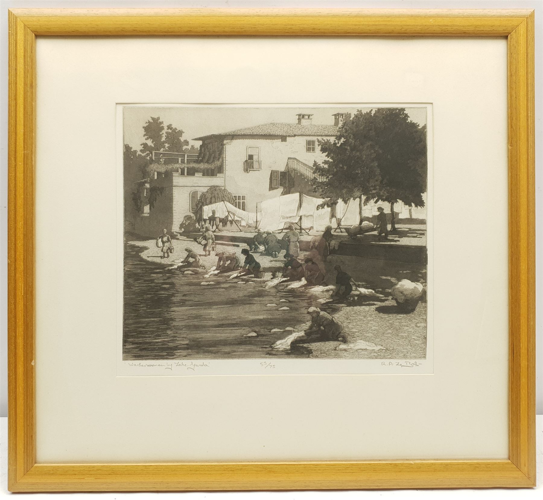 Rachel Ann Le Bas NEAC RE (British 1923-2020): 'Washerwomen by Lake Garda', limited edition etching with aquatint signed titled and numbered 53/75 in pencil 27cm x 32cm 
Notes: this study was Rachel Ann's diploma piece for the Royal Society of Painter-Printmakers and one of the few illustrated in the Society's publication 'No Day without a Line'; exh. Royal Society of Painters in Watercolours Bankside Gallery, London, Label verso