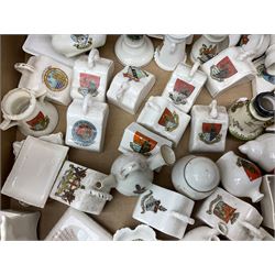 Collection of crested ware, to include Scarborough Willow Art coal truck, Whitby Willow Art Burns and Highland Mary figure group, Carlton China beer drinker 'Tak Hod an Sup Lad', and 'Here's ta me an'ma wife's usban', lighthouse, boat, Kingsway Art China Sir Walter Scott's Chair, butter dishes, candlestick, pianos etc