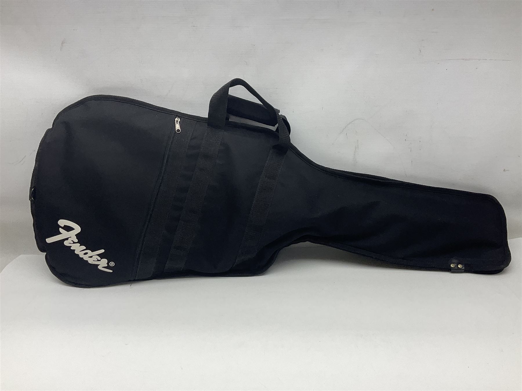 Fender Stratocaster style electric guitar in metallic blue with Rio Grande pick-ups and Fender back-plate L98cm; in Fender soft carrying case