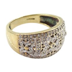 9ct gold pierced design diamond chip ring, stamped 375
