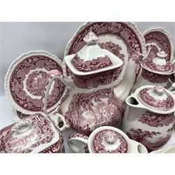 Masons Vista pattern ceramics, including coffee pot, sauce boat, twin handled jar and cover, teapots, mugs, etc 