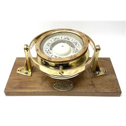 Lilley & Reynolds Ltd. ship's brass cased compass no.16100 D18.5cm with gimbal mount, fitted on an oblong hardwood base bearing brass plaque ' J.N. Lowther & Co. Ltd. Boat Builders Spital Bridge Whitby' L43cm