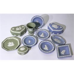 Quantity of Wedgwood Jasperware to include blue and sage green examples including lidded boxes and dishes 