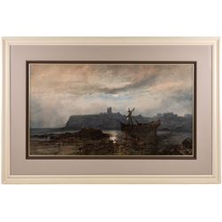 Paul Marny (French/British 1829-1914): 'Scarborough North' Bay by Moonlight, watercolour signed and titled, original artist's studio exhibition label verso titled and dated 7th February 1881, 49cm x 89cm 
Provenance: this stunningly moody watercolour, undoubtedly one of the best of the artist's works to have appeared at auction in recent times, has remained in the same family ownership since it was bought at 'The Jack Chenery Briggs Collection' 22nd April 1999 Lot 18; a copy of the original catalogue is included with the lot.