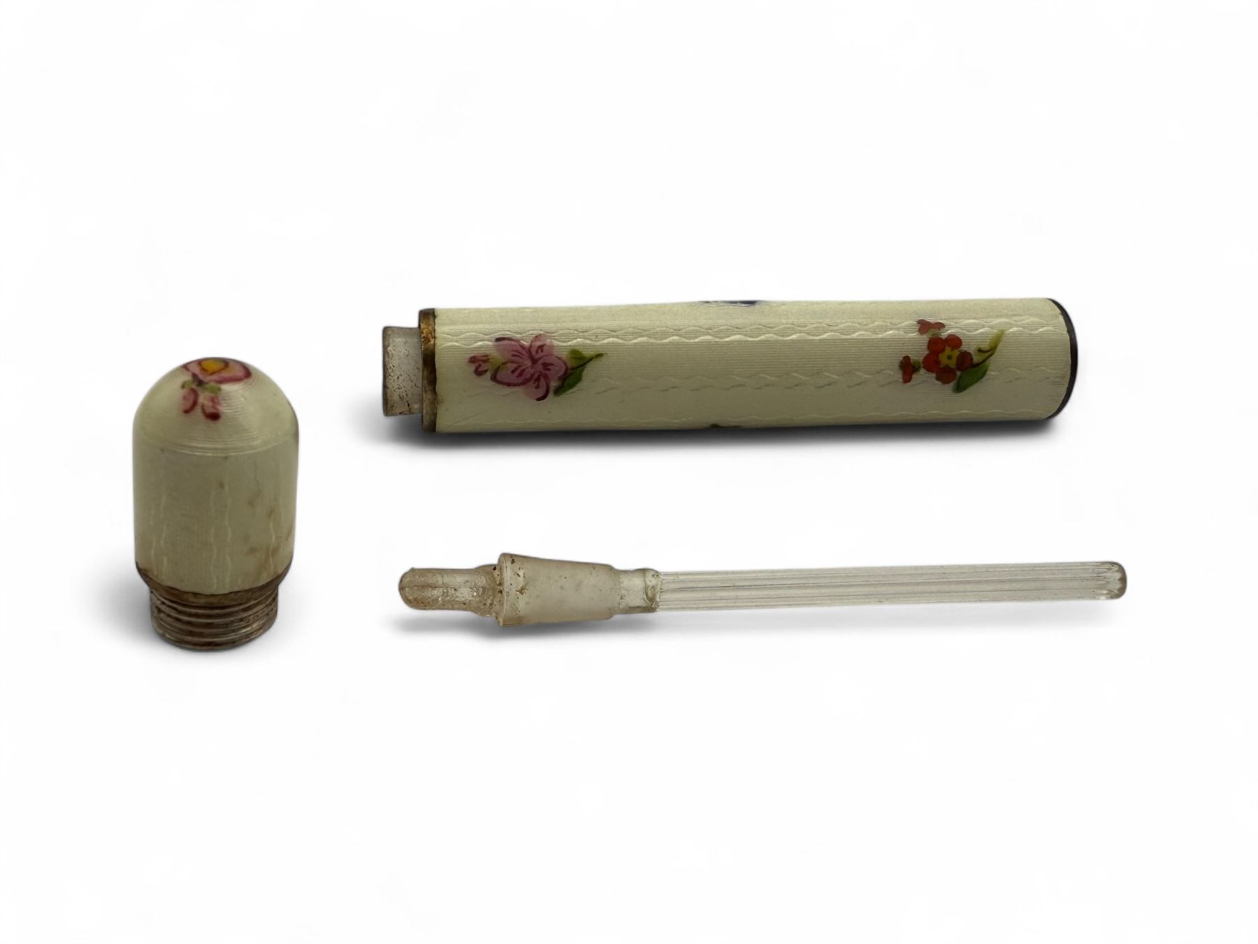 Continental silver guilloche enamel scent bottle with floral decoration on a cream ground with glass stopper, stamped 935, H7cm