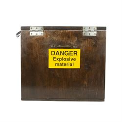 Black powder (explosives) storage box, with nine internal compartments and marked to the o...