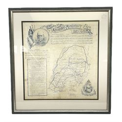 Boer War cotton handkerchief printed with portraits of Lord Roberts and Queen Victoria with a map of Southern Africa and Kipling's The Absent Minded Beggar, framed, handkerchief 44.5 x 43cm