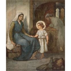 John Lawson (Scottish 1838-?): Mary and Jesus as a Boy with Joseph Working, watercolour illustration unsigned, inscribed on label verso 22cm x 18cm 
Notes: Lawson was a Victorian illustrator of books and periodicals, this watercolour was probably used to illustrate a religious publication.