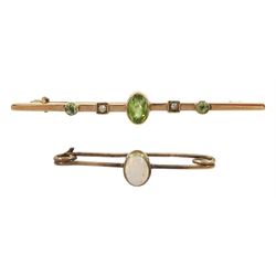Early 20th century gold peridot and seed pearl brooch and a gold single stone opal brooch, both 9ct