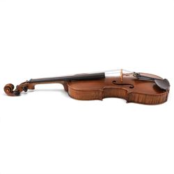 20th century French violin, with two piece back, ebonised fretboard and tuners, L60cm, with fitted hard case