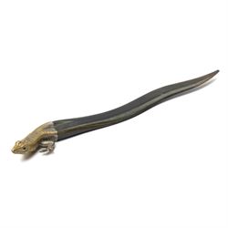 Brass and horn novelty letter opener, or paper knife, formed as a lizard with glass eyes, L25cm