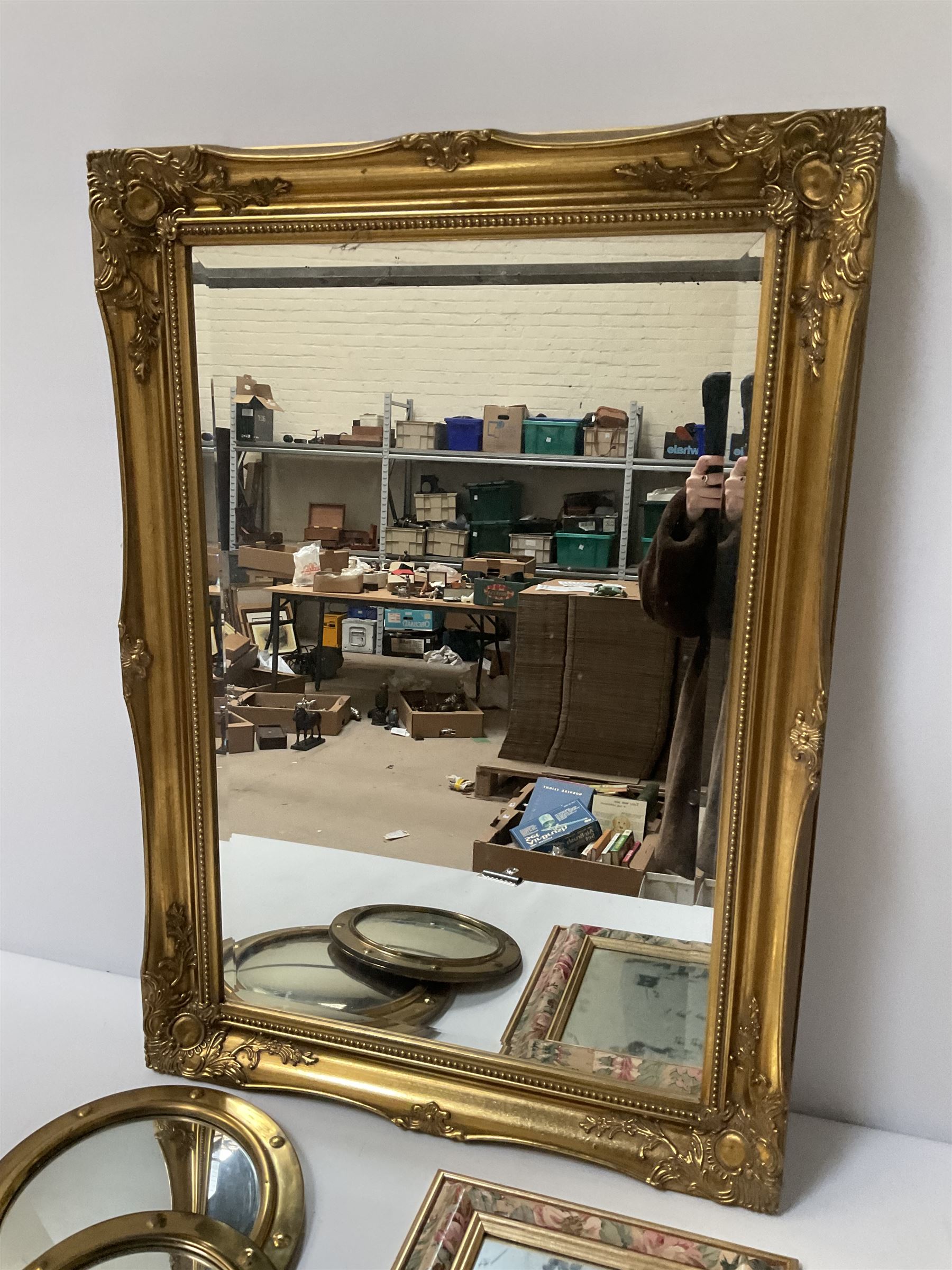 Ornate gilt rectangular wall mirror, two circular convex mirrors and a