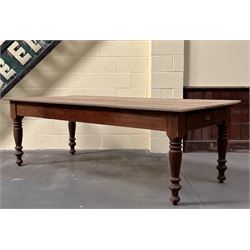Stained pine dining table, late 19th century and later, the rectangular top above a drawer...