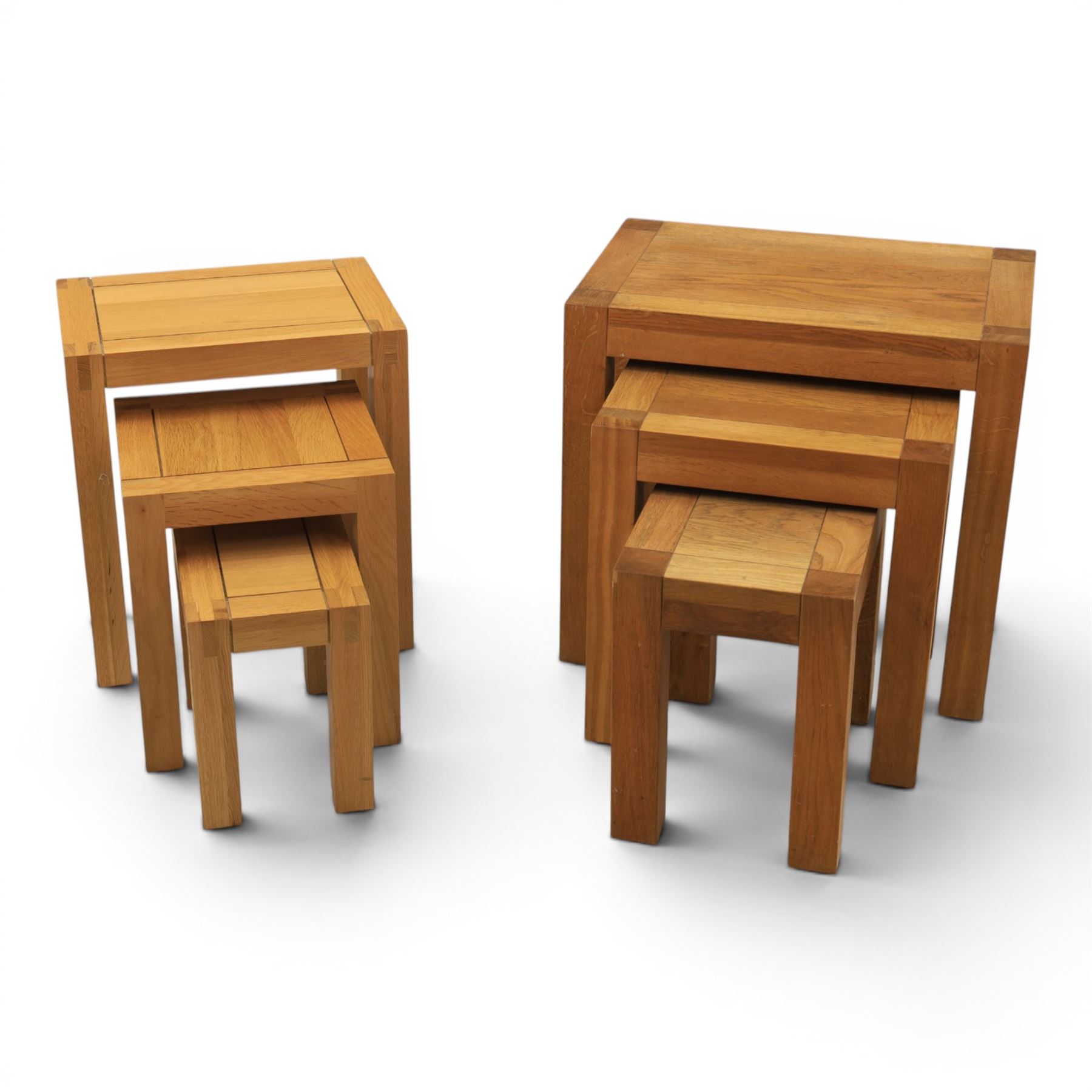 Two solid oak nests of three tables, largest H 60cm, W 55cm