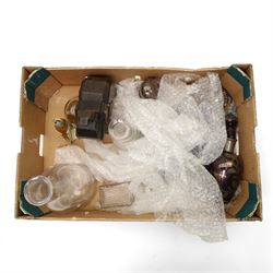 Box of miscellaneous items including coloured glass liqueur decanter and tots, two paperwe...