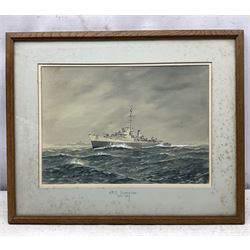 Commander Eric Erskine Campbell Tufnell RN (British 1888-1979): 'HMS Essington', 'HMS Vanguard', 'HMS Galatea', 'HMS Humber', and 'HMS Burnham', set five watercolours heightened in white signed and titled 26cm x 37cm (5)