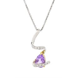 18ct white and yellow gold pear cut amethyst and round brilliant cut diamond pendant, on 18ct white gold foxtail link chain necklace