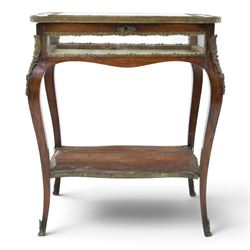 Louis XV style rosewood and marquetry bijouterie table,  glazed hinged top within a floral...