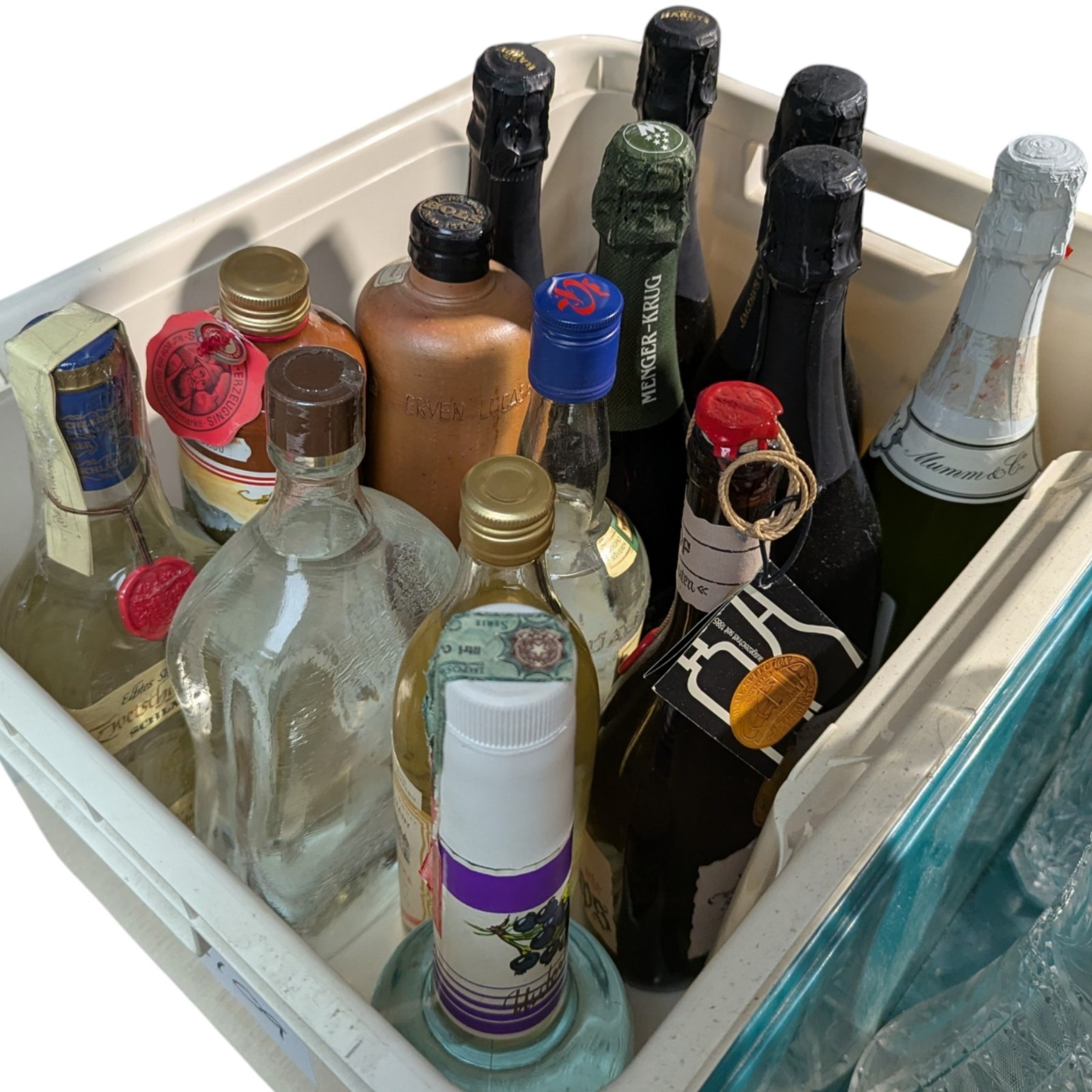 Collection of decanters, painted coat of arms, coffee service, spirits etc, contents in six boxes